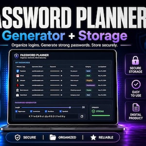 May include: A laptop screen shows a password planner interface with the text "PASSWORD PLANNER Generator + Storage." The interface includes sections for organising logins, generating strong passwords, and secure storage. Icons indicate instant download, password organiser, and password generator.