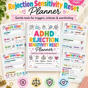 Könnte beinhalten: Ein druckbarer ADHD Rejection Sensitivity Reset Planer mit 16 Seiten, farbigem Text und Symbolen. Das Deckblatt und die Arbeitsblätter enthalten Abschnitte für einen schnellen Start, Fakten gegen Angst, Innehalten vor dem Antworten und Skripte.