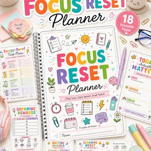 May include: A spiral-bound ADHD Focus Reset Planner with colorful text and illustrations. The cover features a checklist, coffee cup, and clock. Surrounding pages include an Energy-Based Task Menu, Dopamine Rewards, and Routine Builder. The set includes 18 printable A4 pages.