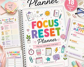 Agenda per il ripristino della concentrazione in formato A4 PDF stampabile per ADHD, strumento per la creazione di routine, pagine prioritarie, menu energetico