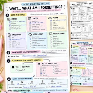 May include: A printable ADHD adulting rescue checklist featuring sections for money, dates, people, paperwork, home, and work. The document includes a five-minute task flow chart, checkboxes, and handwritten notes in blue ink on a white background.