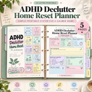 Utskrivbar planeringsplanerare för ADHD-rensning, städchecklista, energisparande återställning, amerikanskt brev i PDF-format