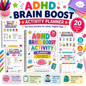 Pode incluir: Planejador de atividades ADHD Brain Boost com 20 páginas para impressão. O planejador inclui seções para habilidades de foco, prática de planejamento, ferramentas de calma e ajuda na organização. Capa colorida.