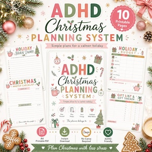 Utskrivbar ADHD-julplanerare, checklista för högtider, presentspårare, budget, decemberkalender och matplanerare i PDF-format