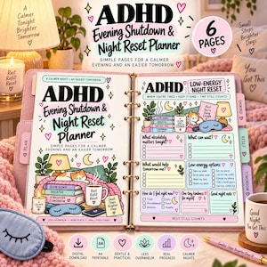 Può includere: Un'agenda ad anelli ADHD Evening Shutdown & Night Reset di sei pagine. La copertina presenta illustrazioni di un gatto, libri e una tazza con il testo 'Rest Refill Reset'. La pagina interna include liste di controllo per le routine serali.