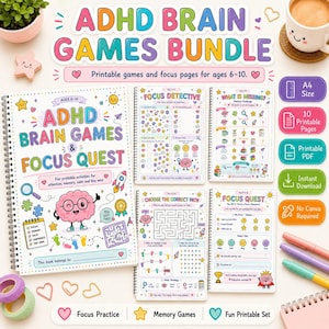 May include: A printable ADHD Brain Games bundle featuring a spiral-bound activity book titled ADHD Brain Games & Focus Quest, alongside four individual activity sheets. The pages include colorful illustrations of brains, rockets, and stars with text.