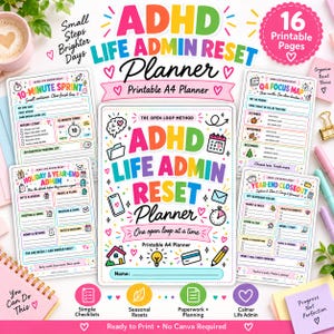 May include: A printable A4 ADHD Life Admin Reset Planner set featuring 16 pages with colorful text and icons. The pages include a 10-minute sprint, Q4 focus map, holiday and year-end admin, and a year-end closeout sheet for organizing tasks.