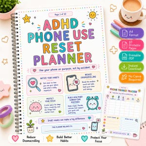 May include: A spiral-bound ADHD Phone Use Reset Planner with colorful text and illustrations. The cover features sections titled Notice Your Habits, Reduce Doomscrolling, Protect Your Focus, and Build Healthier Screen-time Routines with a Phone Trigger Tracker page.