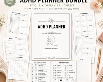 Agenda per ADHD stampabile in PDF, agenda giornaliera minimalista, monitoraggio dell'umore e del sonno, modello modificabile con Canva.