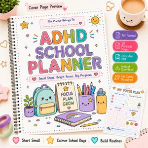 Könnte beinhalten: Ein spiralgebundener ADHD-Schulplaner mit weißem Einband, buntem Text und Illustrationen eines Rucksacks, eines Notizbuchs mit der Aufschrift Focus Plan Grow, eines Stiftehalters und einer Trinkflasche. Der Einband enthält den Text Small Steps. Bright Focus. Big Progress.