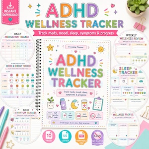 May include: An ADHD wellness tracker printable planner with a spiral binding. The cover features colourful text, illustrations of a plant, a bottle, a moon, a pill bottle, and a clipboard. Surrounding the planner are circular pages for tracking medication, mood, energy, symptoms, sleep, and weekly reviews.