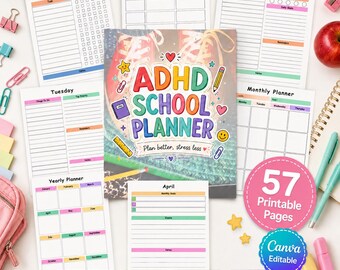Agenda scolastica per ADHD in formato PDF stampabile, organizer per studenti, strumento per tenere traccia dei compiti, pagine di studio, modello Canva