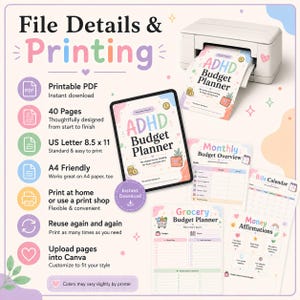 File details and printing image for ADHD Budget Planner showing printable PDF, 40 pages, US Letter size, A4 and A5 friendly format, instant digital download, and print-at-home instructions.