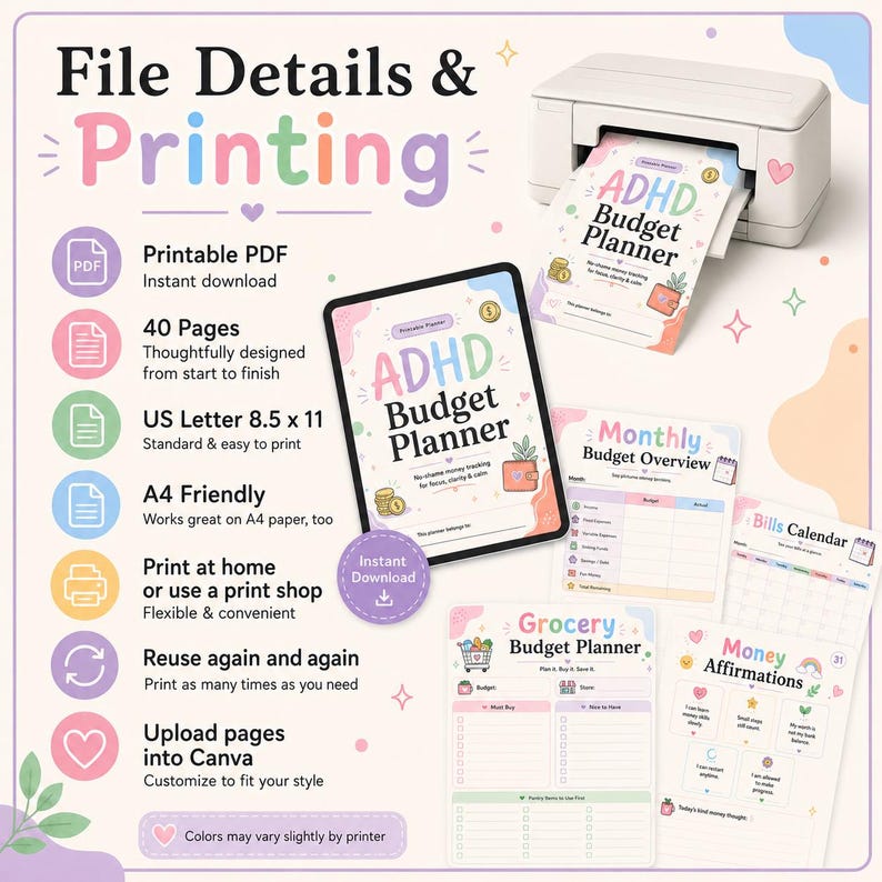 File details and printing image for ADHD Budget Planner showing printable PDF, 40 pages, US Letter size, A4 and A5 friendly format, instant digital download, and print-at-home instructions.