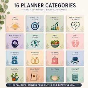 Grid of 16 digital planner categories including Daily, Productivity, Financial, Health & Fitness, Mental Health, Travel, Meal, Baby, Newborn, Wedding, Shopping, Study, Garden, Gratitude, Self Care, and Finance. Pastel icons and covers with clean modern design.