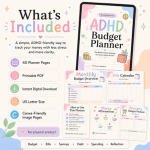 ADHD Budget Planner printable listing image showing 40 planner pages, printable PDF, monthly budget tracker, bills calendar, savings tracker, debt payoff tracker, spending log, and Canva-friendly image pages.