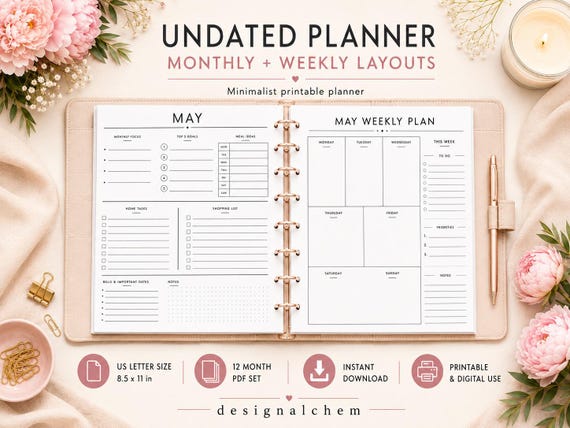 Undated Planner Printable, Weekly Planner PDF, Monthly Planner Inserts, Minimalist Planner, US Letter, Instant Download