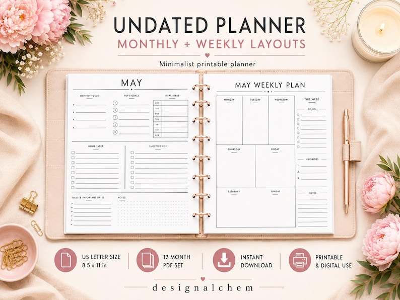 Undated planner printable with monthly and weekly layouts, minimalist US Letter 8.5 x 11 planner PDF, printable planner pages for goals, tasks, meals and notes, instant download digital planner mockup
