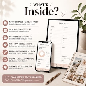 What’s inside the digital planner bundle: 1,500+ editable template pages, 16 planner categories, 80+ freebies and bonuses, PLR + MRR resell rights, fully customizable in Canva, instant digital download, commercial use allowed. Displayed on tablet, phone, and planner mockups.