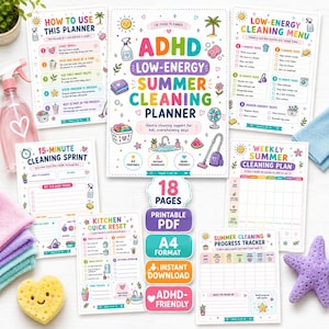 ADHD-städplanerare med låg energiförbrukning i sommar (PDF), utskrivbar städchecklista i A4-format, paket med utrensningsplanerare