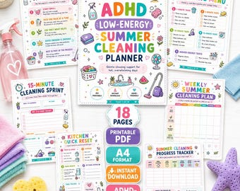 Pianificatore di pulizie estive per ADHD a basso consumo energetico in formato PDF, lista di controllo delle pulizie stampabile in formato A4, pacchetto di pianificatori per il decluttering