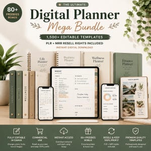 May include: A digital planner mega bundle with 1,500+ editable templates. The image shows a tablet, two smartphones, and several notebooks. The text includes "Life Planner", "Business Planner", "Wellness Planner", and "Finance Planner". The bundle includes freebies and resell rights.