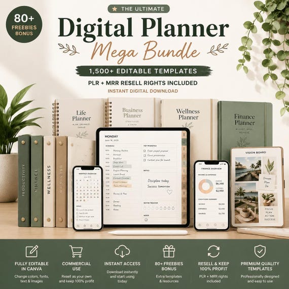 Canva Planner Mega Bundle - Planners Editable Digital Templates for Resell PLR MRR