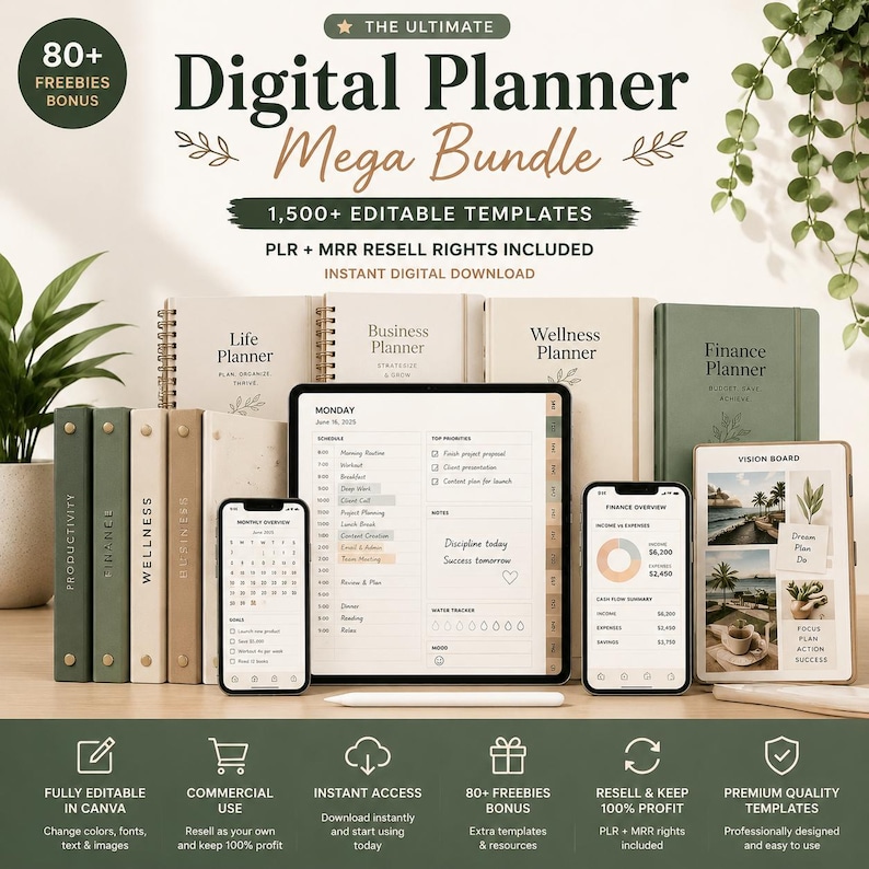 Digital Planner Mega Bundle with 1,500+ editable templates shown on tablets, smartphones, and physical planner mockups. Includes life, business, wellness, and finance planners. PLR + MRR resell rights included. Instant digital download and 80+ freebies bonus.