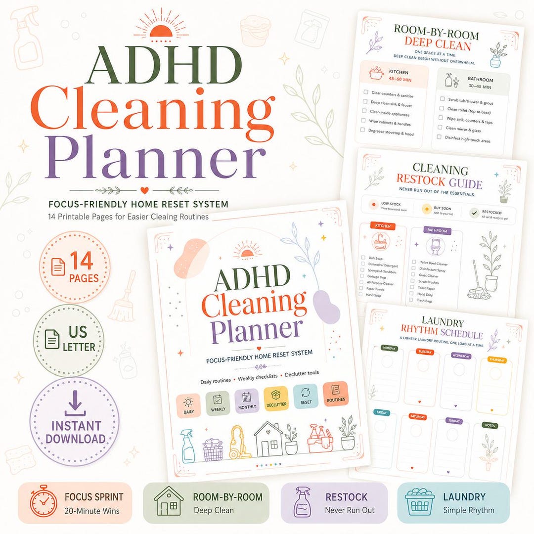 ADHD Cleaning Planner Printable, Cleaning Schedule & Checklist