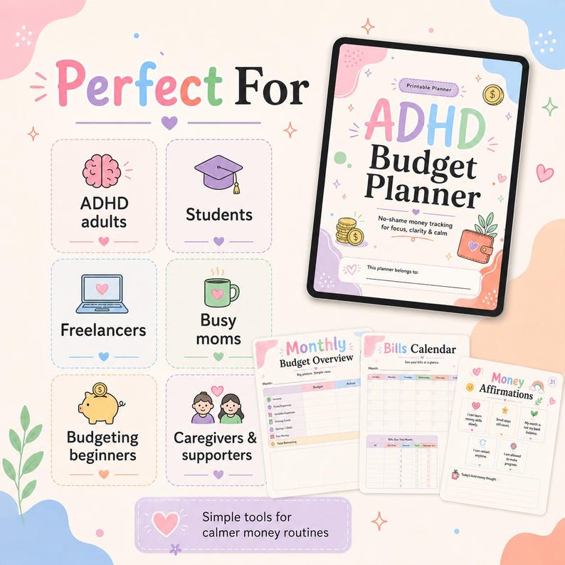 ADHD Budget Planner printable image showing the planner is perfect for ADHD adults, neurodivergent people, students, freelancers, busy moms, budgeting beginners, caregivers, and supporters.