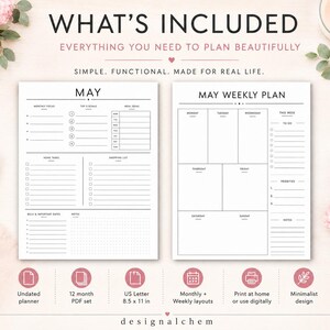 What’s included undated planner printable with 12 month PDF set, monthly and weekly planner pages, minimalist US Letter printable planner for goals, meals, tasks and notes, instant download