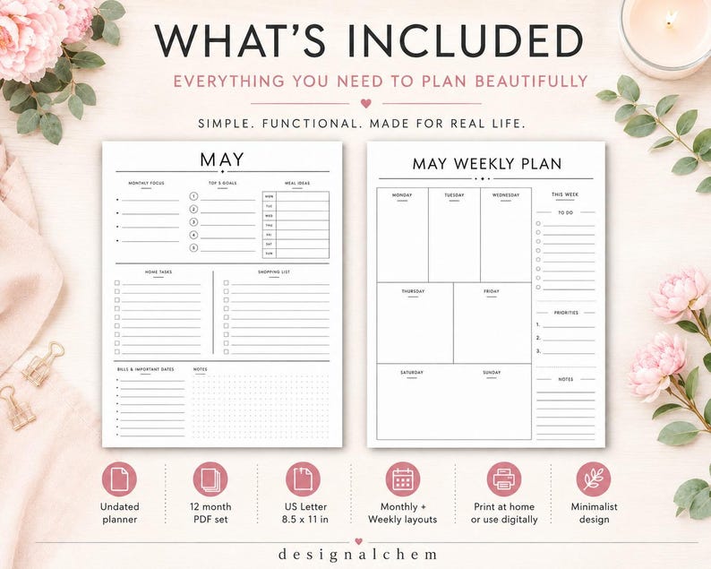 What’s included undated planner printable with 12 month PDF set, monthly and weekly planner pages, minimalist US Letter printable planner for goals, meals, tasks and notes, instant download