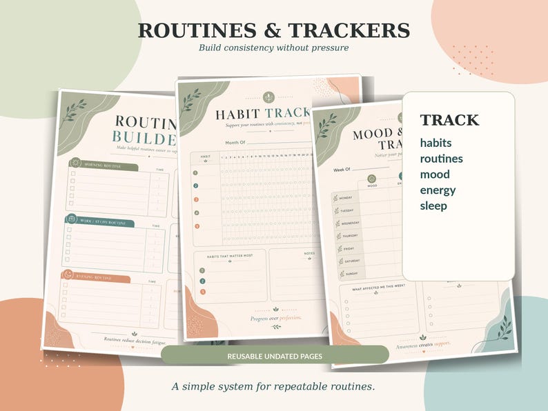 Habit tracker printable page for ADHD routines, monthly consistency, gentle habit tracking, and progress reflection.