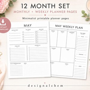 12 month undated planner printable PDF set with monthly and weekly planner pages, minimalist US Letter planner, printable planner bundle for goals, tasks, meals and notes, instant download digital planner