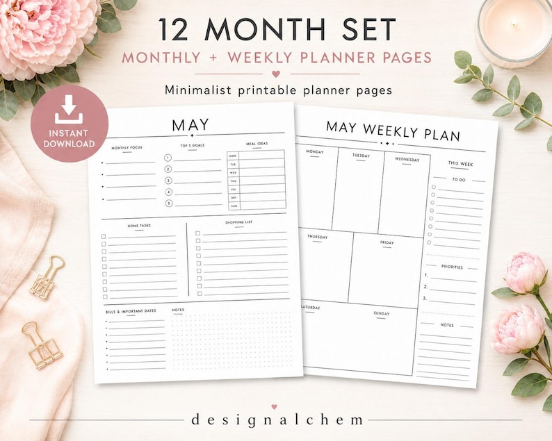 12 month undated planner printable PDF set with monthly and weekly planner pages, minimalist US Letter planner, printable planner bundle for goals, tasks, meals and notes, instant download digital planner