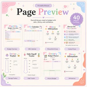 Page preview image showing multiple ADHD Budget Planner printable pages, including monthly budget overview, bills tracker, savings tracker, debt tracker, grocery planner, money affirmations, and spending log.