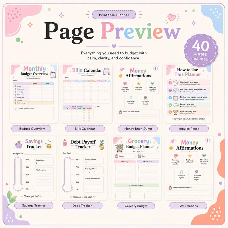 Page preview image showing multiple ADHD Budget Planner printable pages, including monthly budget overview, bills tracker, savings tracker, debt tracker, grocery planner, money affirmations, and spending log.