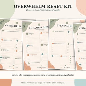 Overwhelm reset worksheet for ADHD-friendly planning with prompts for urgent tasks, support, calm, and one tiny step.