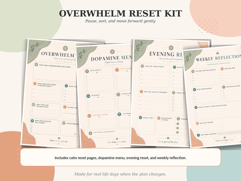 Overwhelm reset worksheet for ADHD-friendly planning with prompts for urgent tasks, support, calm, and one tiny step.