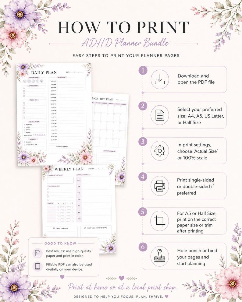 ADHD Planner Printable Set, Fillable Daily Weekly Monthly Journal, A4 ...