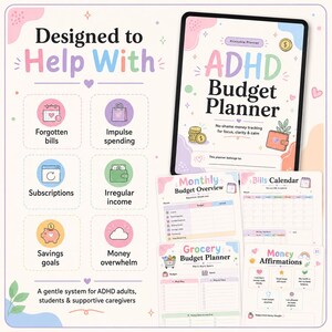 ADHD Budget Planner mockup showing features designed to help with forgotten bills, impulse spending, subscriptions, irregular income, savings goals, debt payoff, and money overwhelm.