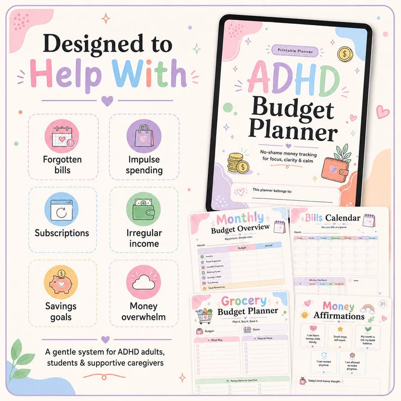 ADHD Budget Planner mockup showing features designed to help with forgotten bills, impulse spending, subscriptions, irregular income, savings goals, debt payoff, and money overwhelm.
