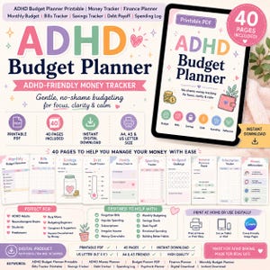 May include: Digital ADHD Budget Planner with 40 pages, designed for focus and clarity. Includes printable PDF, instant download, and A4/US Letter sizes. Features monthly budget, bills, savings, debt, and spending trackers. Perfect for ADHD adults and neurodivergent brains.
