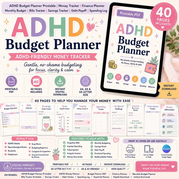 ADHD Budget Planner Printable, No-Shame Money Tracker PDF, Bills, Savings, Debt & Spending Log