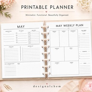 Printable planner binder mockup showing undated monthly and weekly planner pages, minimalist US Letter planner PDF, printable planner inserts for goals, meals, tasks, shopping list and notes