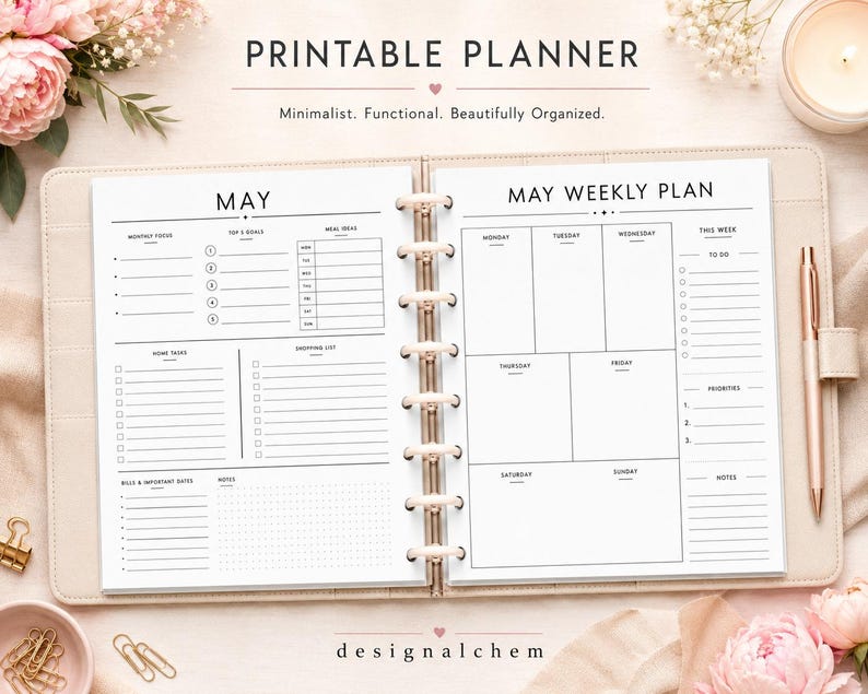 Printable planner binder mockup showing undated monthly and weekly planner pages, minimalist US Letter planner PDF, printable planner inserts for goals, meals, tasks, shopping list and notes