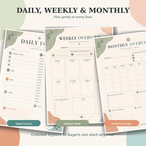 ADHD daily planner page with top priorities, visual schedule, notes, and self-care sections for gentle daily organization.
Weekly overview printable ADHD planner page with priorities, appointments, habits, notes, and weekly planning sections.
Monthly overview printable planner page with calendar grid, goals, important dates, habits, and notes.