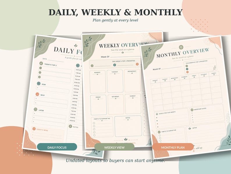 ADHD daily planner page with top priorities, visual schedule, notes, and self-care sections for gentle daily organization.
Weekly overview printable ADHD planner page with priorities, appointments, habits, notes, and weekly planning sections.
Monthly overview printable planner page with calendar grid, goals, important dates, habits, and notes.