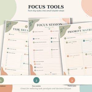Focus session planner page with focus task, timer, distractions parking lot, break ideas, and reflection prompts.