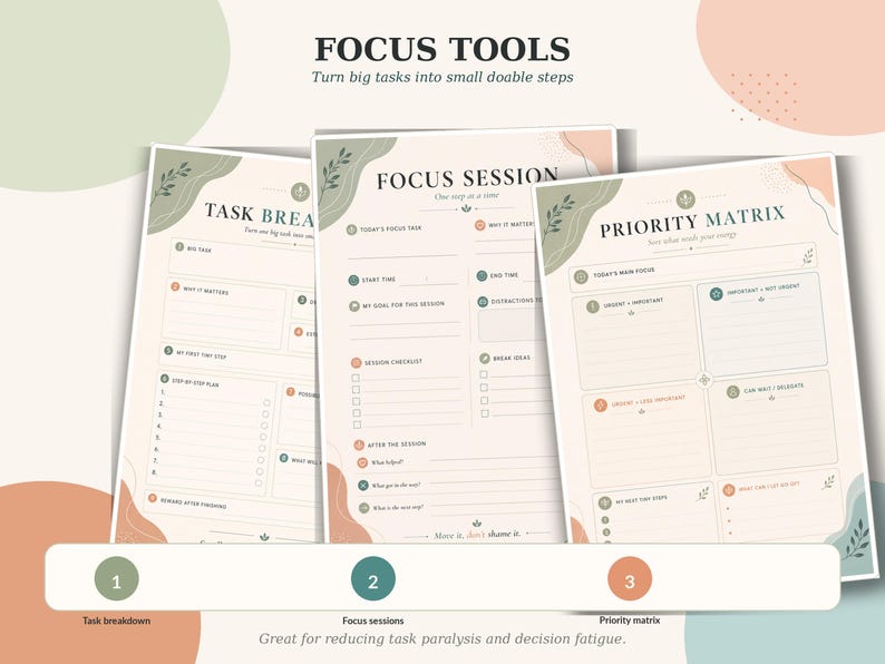 Focus session planner page with focus task, timer, distractions parking lot, break ideas, and reflection prompts.